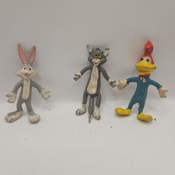 Vtg 1970 Three Pvc Rubber Bendable Figures Bugs Bunny, Woody Woodpecker, Tom Cat - Picture 1 of 16